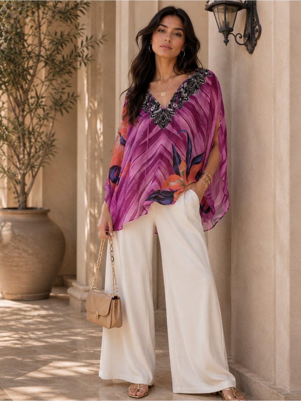 Catherines Purple Floral V-Neck Tunic with Embellished Neckline NWT